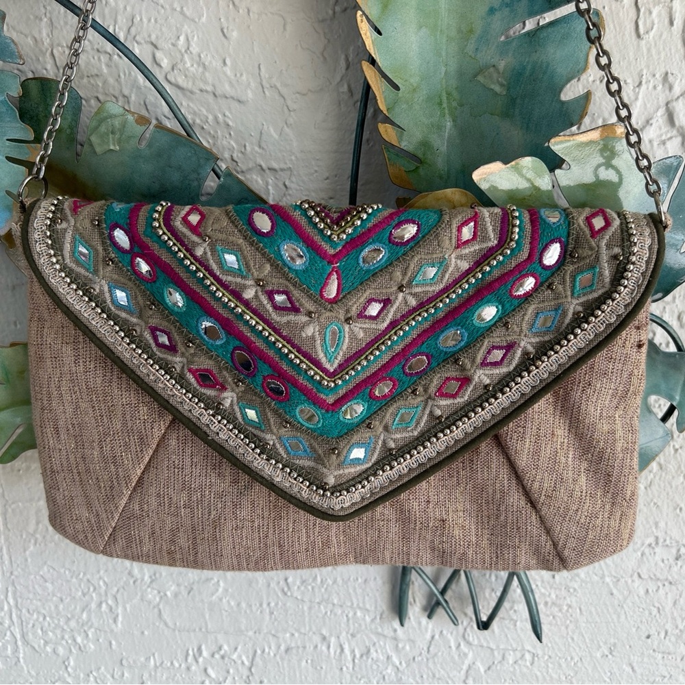 Chico's New Dressy Gold metallic Clutch with Colorful Embroidery & beads